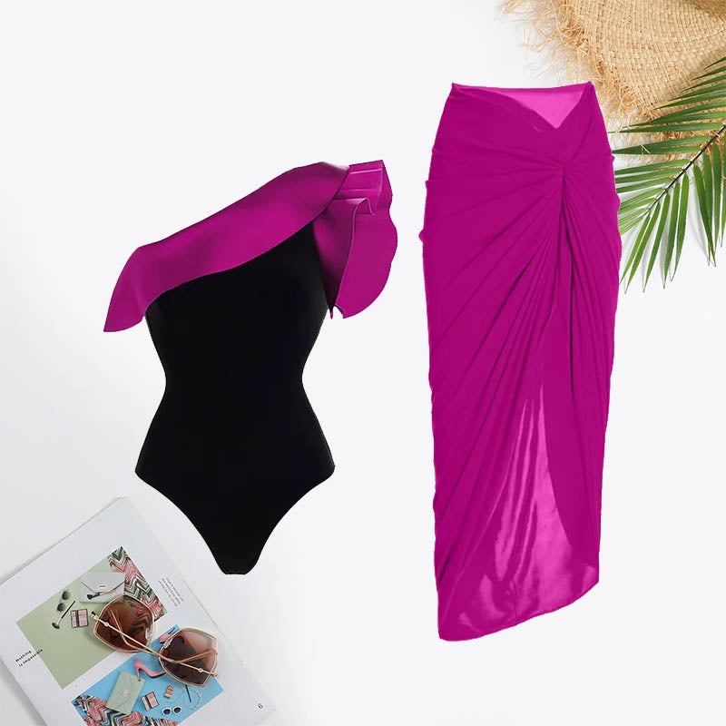 Colorblock One Shoulder Ruffle Trim Twist Front Swimsuit