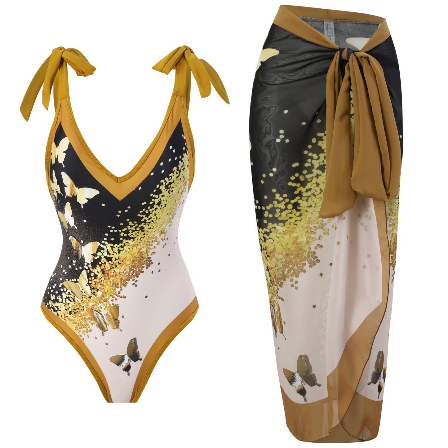 Print One Piece Swimsuit and Splicing Sarong