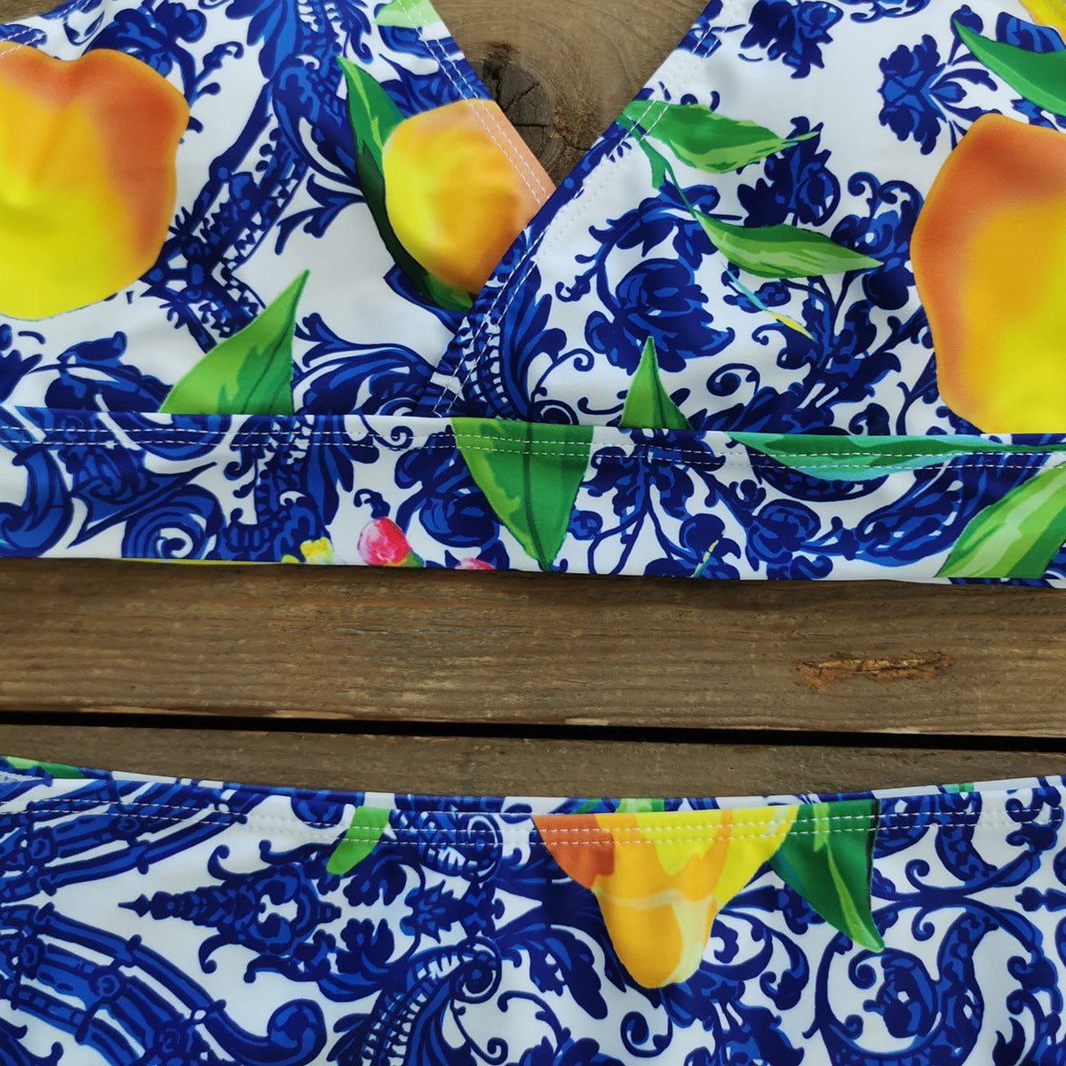 3D Flower Lemon Printed Bikini Swimsuit and Sarong