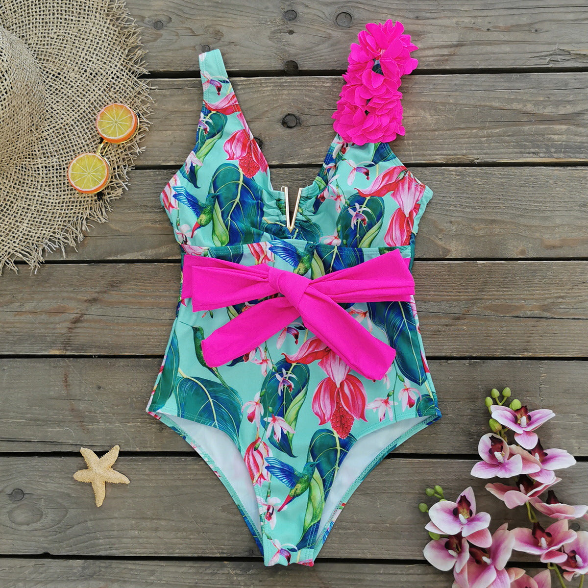 3D Flower Blossom Printed One Piece Swimsuit