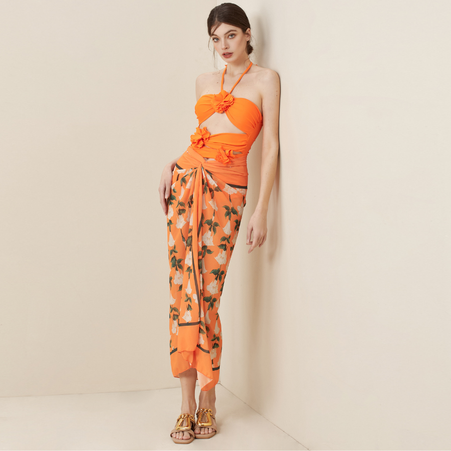 Vioye Halter Cutout 3D Flower Decor One Piece Swimsuit and Sarong