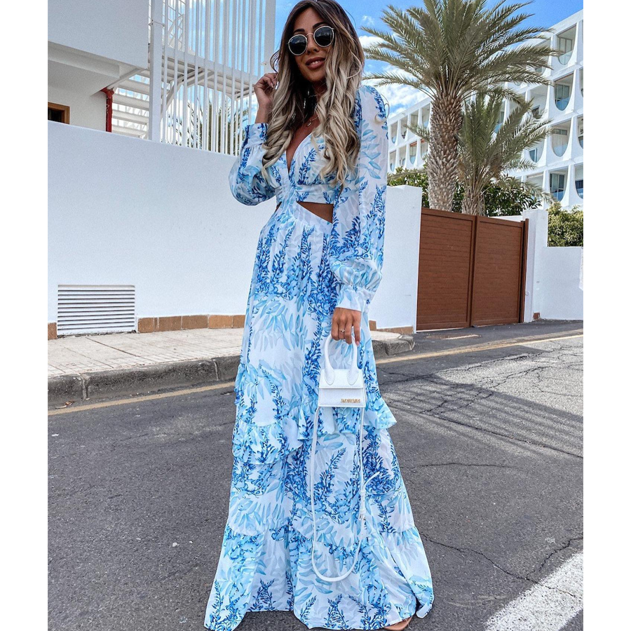 Long Sleeve Cutout Floral Beach Casual Dress