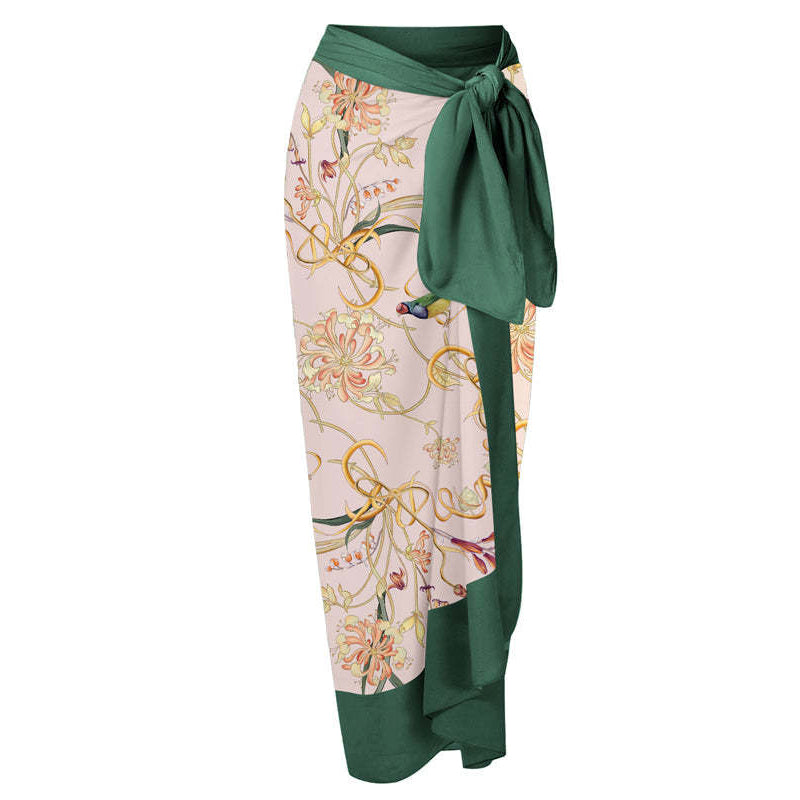 Print One Piece Swimsuit and Splicing Sarong