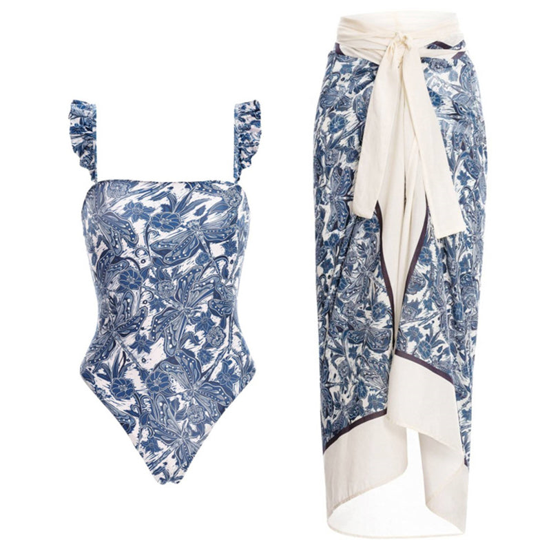 Printed Simple Fashion One Piece Swimsuit and Sarong