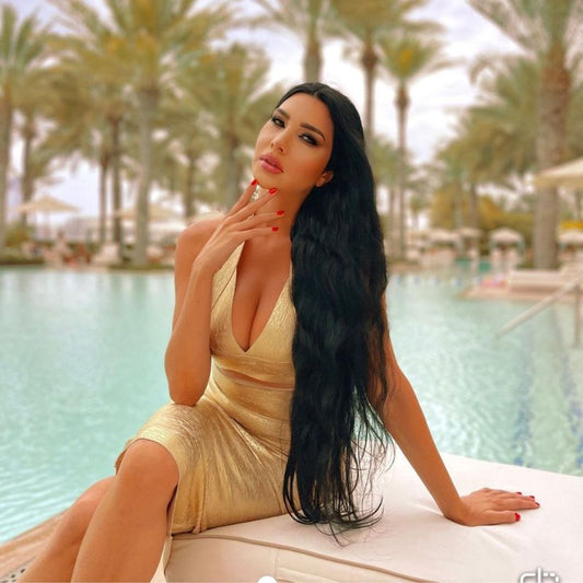 V Neck Halter Gold Bandage Two Piece Skirt Set