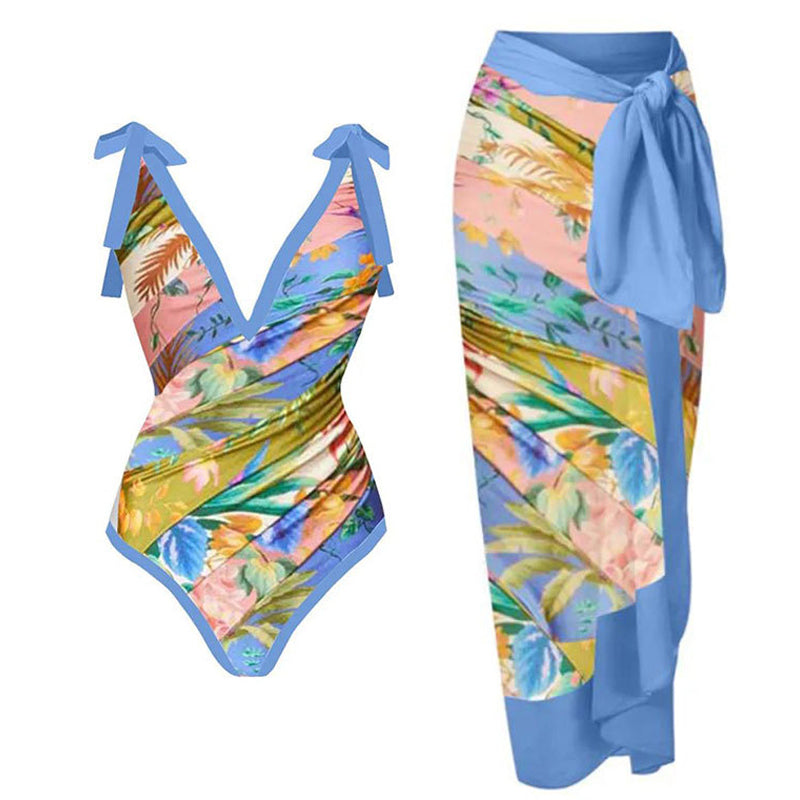 Print One Piece Swimsuit and Splicing Sarong