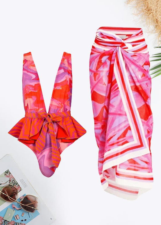 Deep V Neck All Over Print Ruffle Trim Tie Swimsuit