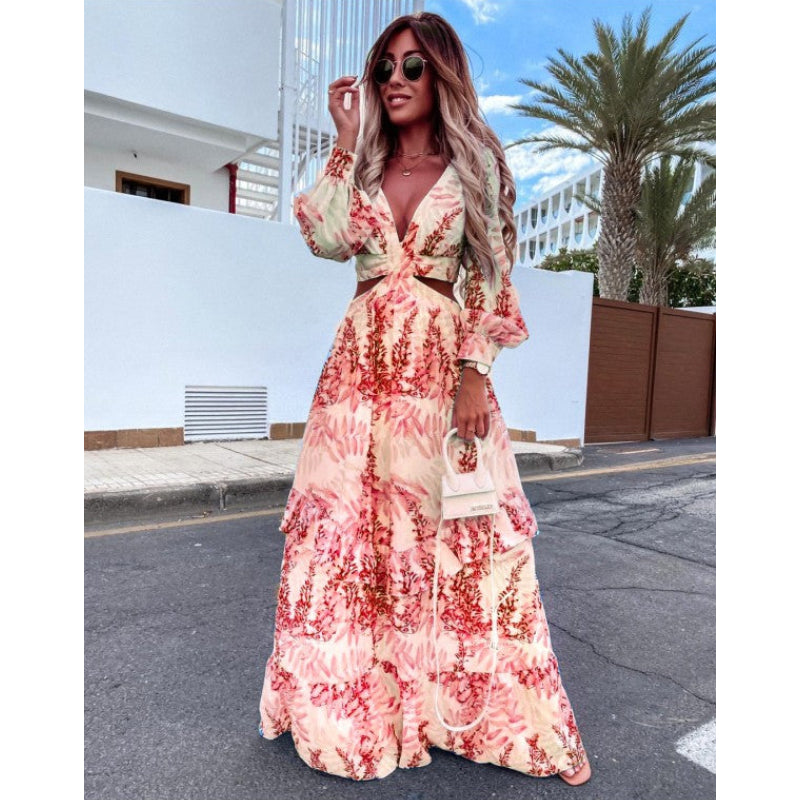 Long Sleeve Cutout Floral Beach Casual Dress