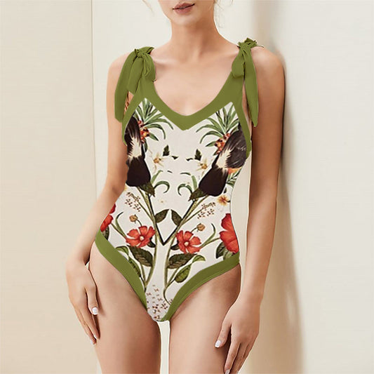 Print One Piece Swimsuit and Splicing Sarong