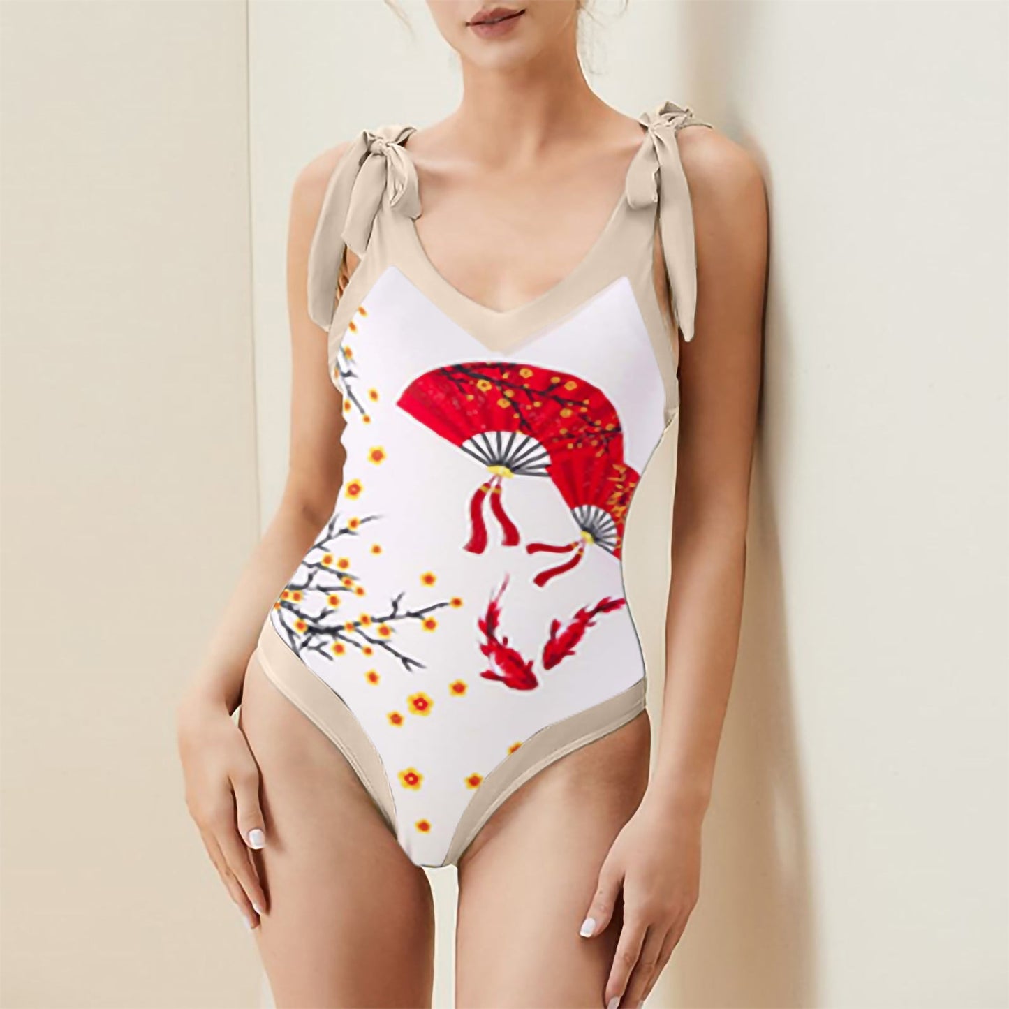 Print One Piece Swimsuit and Splicing Sarong