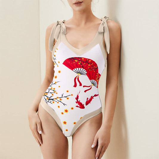 Print One Piece Swimsuit and Splicing Sarong