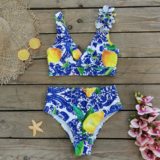 3D Flower Lemon Printed Bikini Swimsuit and Sarong