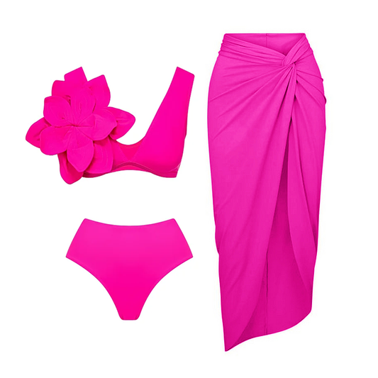 3D Flower Hot Pink High Waist Bikini Swimsuit and Skirt