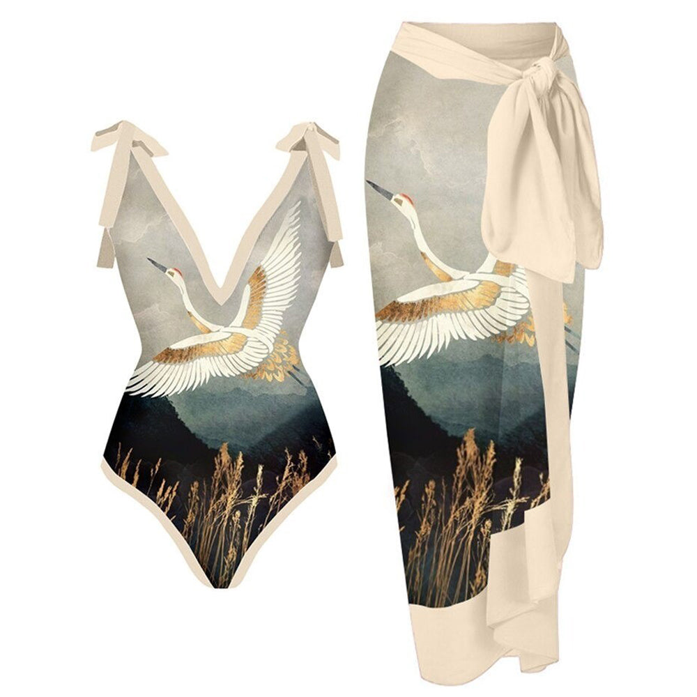 Print One Piece Swimsuit and Splicing Sarong