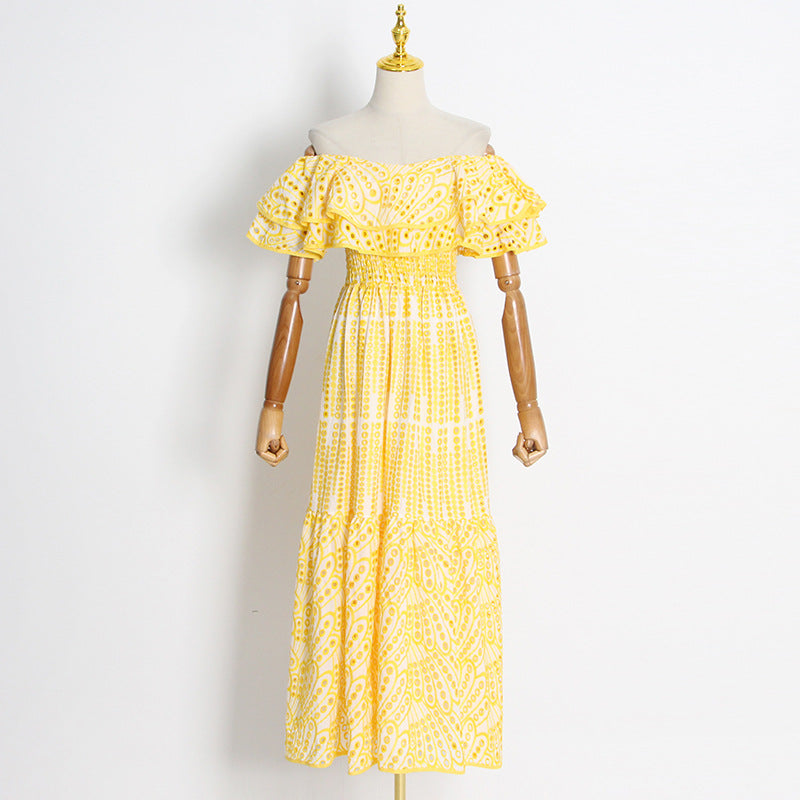 Double Ruffle Embroidery Hollow Out Dress
