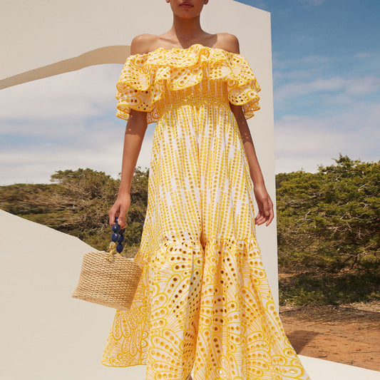 Double Ruffle Embroidery Hollow Out Dress