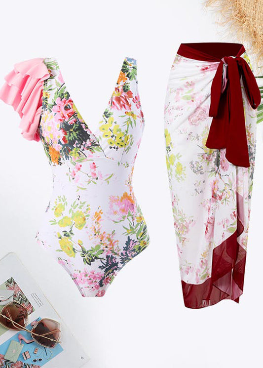 Eloquently Enticing Floral Print V-neck Ruffle Trim Swimsuit