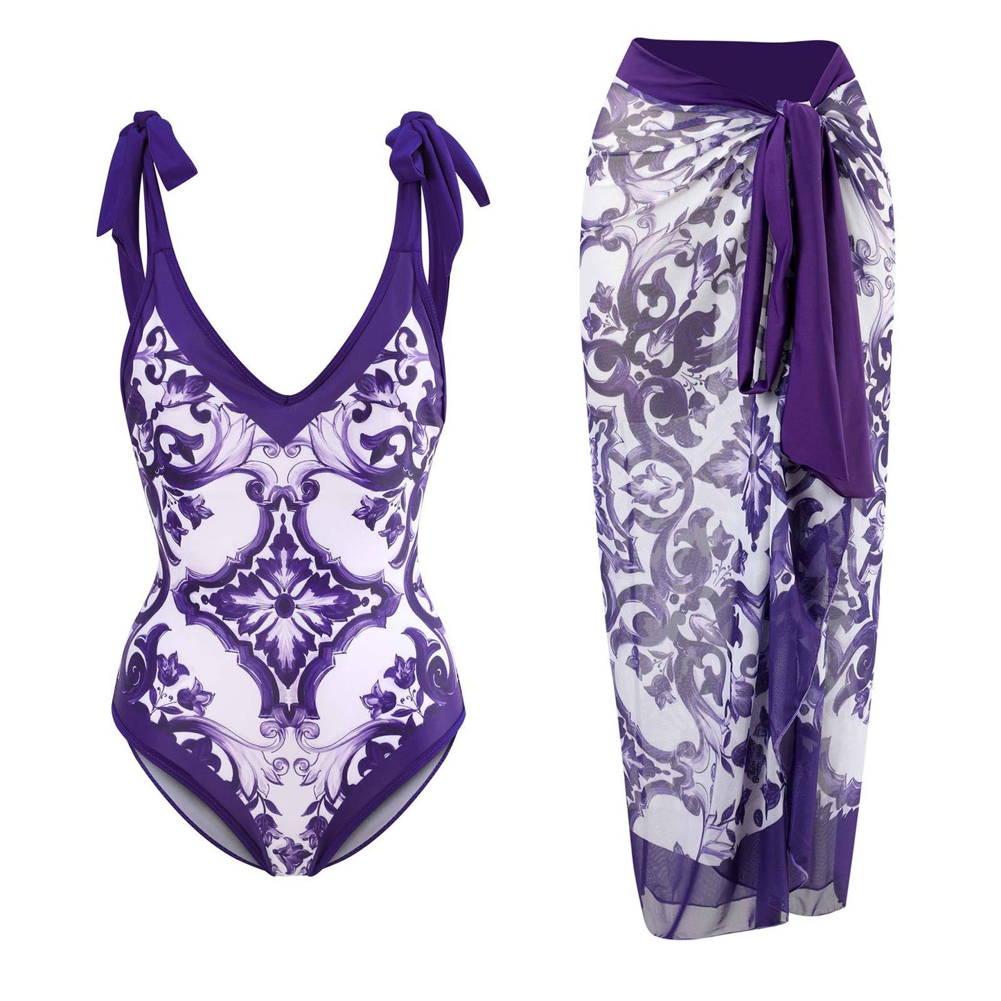Print One Piece Swimsuit and Splicing Sarong