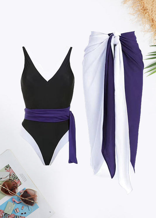 Contrast Binding Belted Tie Swimsuit