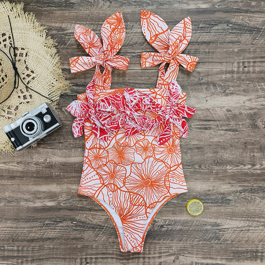 3D Flower Color Block Bowknot Printed One Piece Swimsuit