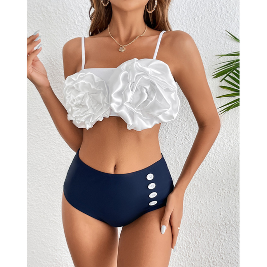 Vioye 3D Flowers Color Block  Bikini Swimsuit