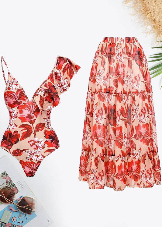 Floral Print Asymmetrical Strap Ruffle Trim Swimsuit