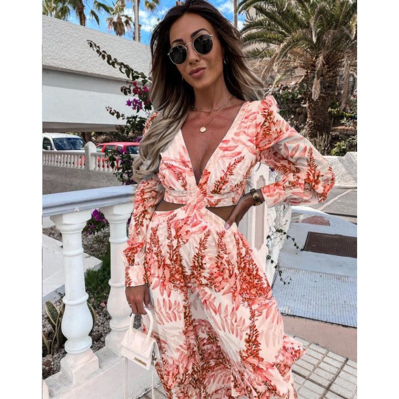 Long Sleeve Cutout Floral Beach Casual Dress