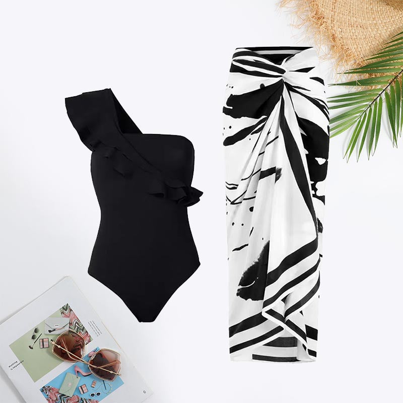 One Shoulder Ruffle Trim Cut Out Back Swimsuit