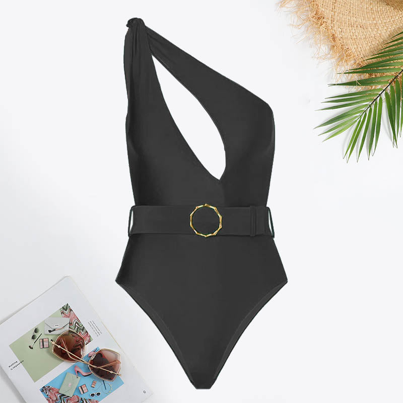 One Shoulder Cut Out Backless Belted Twist Front Swimsuit