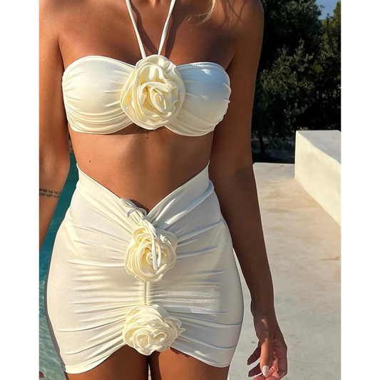3D Flower Halter Bikini Swimsuit and Skirt