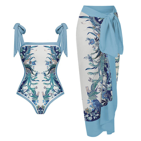 Vioye Blue Reversible Bowknot Tie-shoulder One Piece Swimsuit and Sarong/Skirt