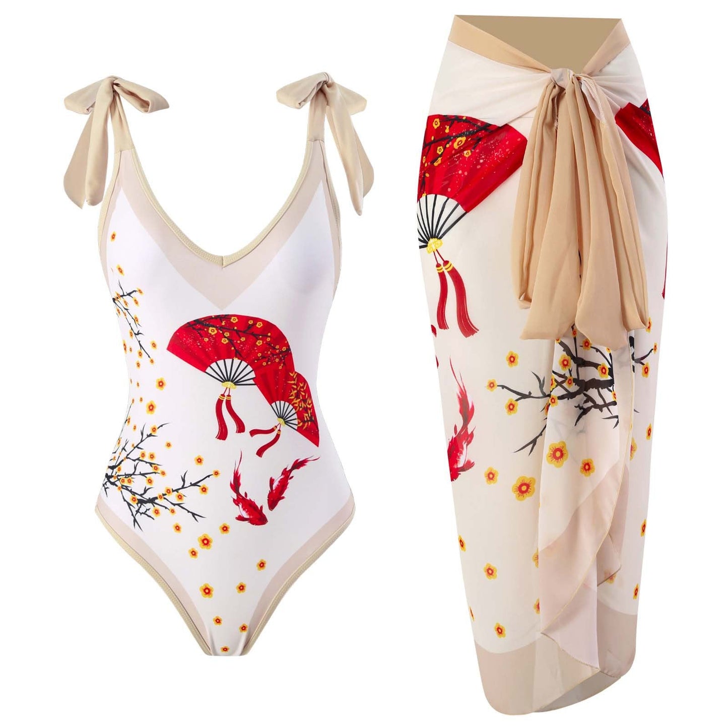Print One Piece Swimsuit and Splicing Sarong