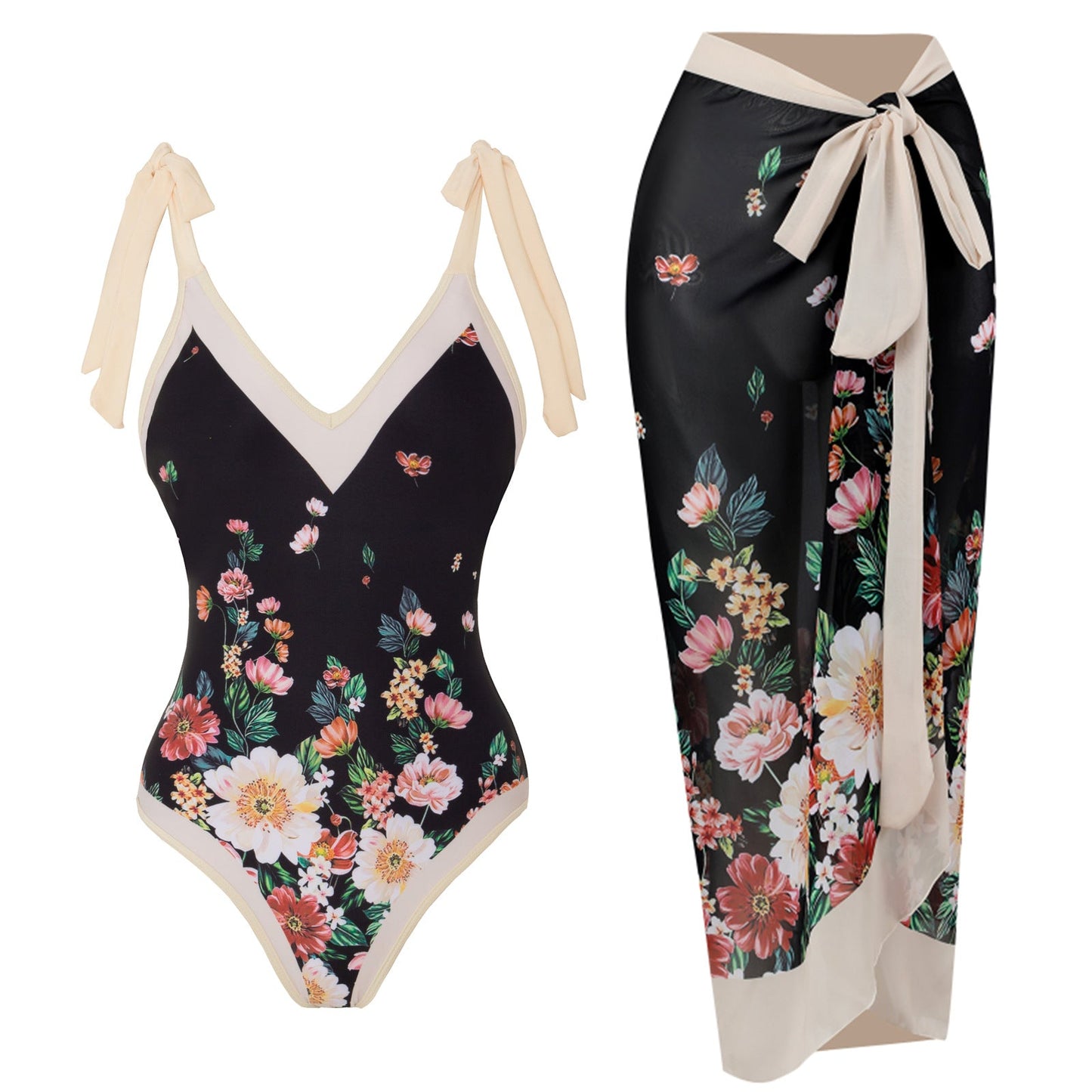 Print One Piece Swimsuit and Splicing Sarong