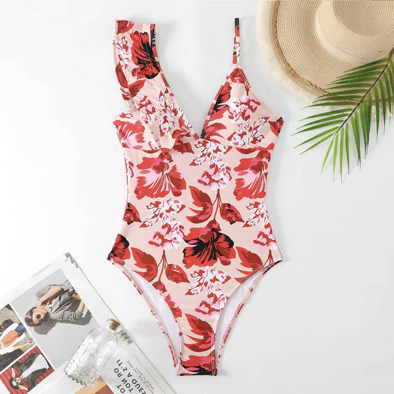 Floral Print Asymmetrical Strap Ruffle Trim Swimsuit