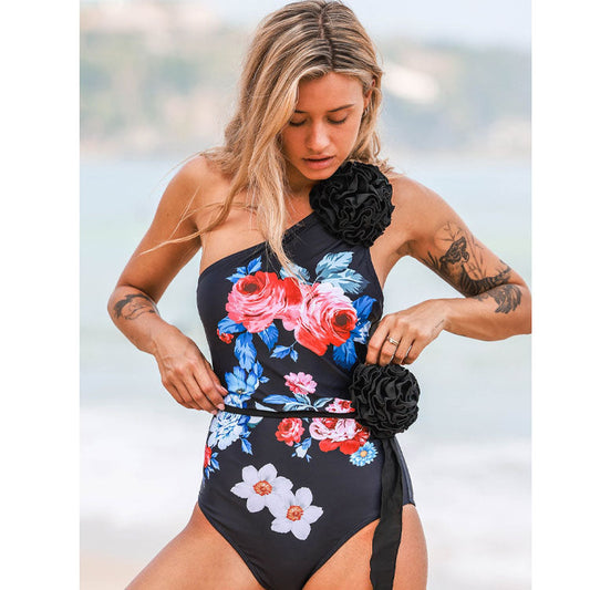 Oblique Shoulder  3D Flower One Piece Swimsuit