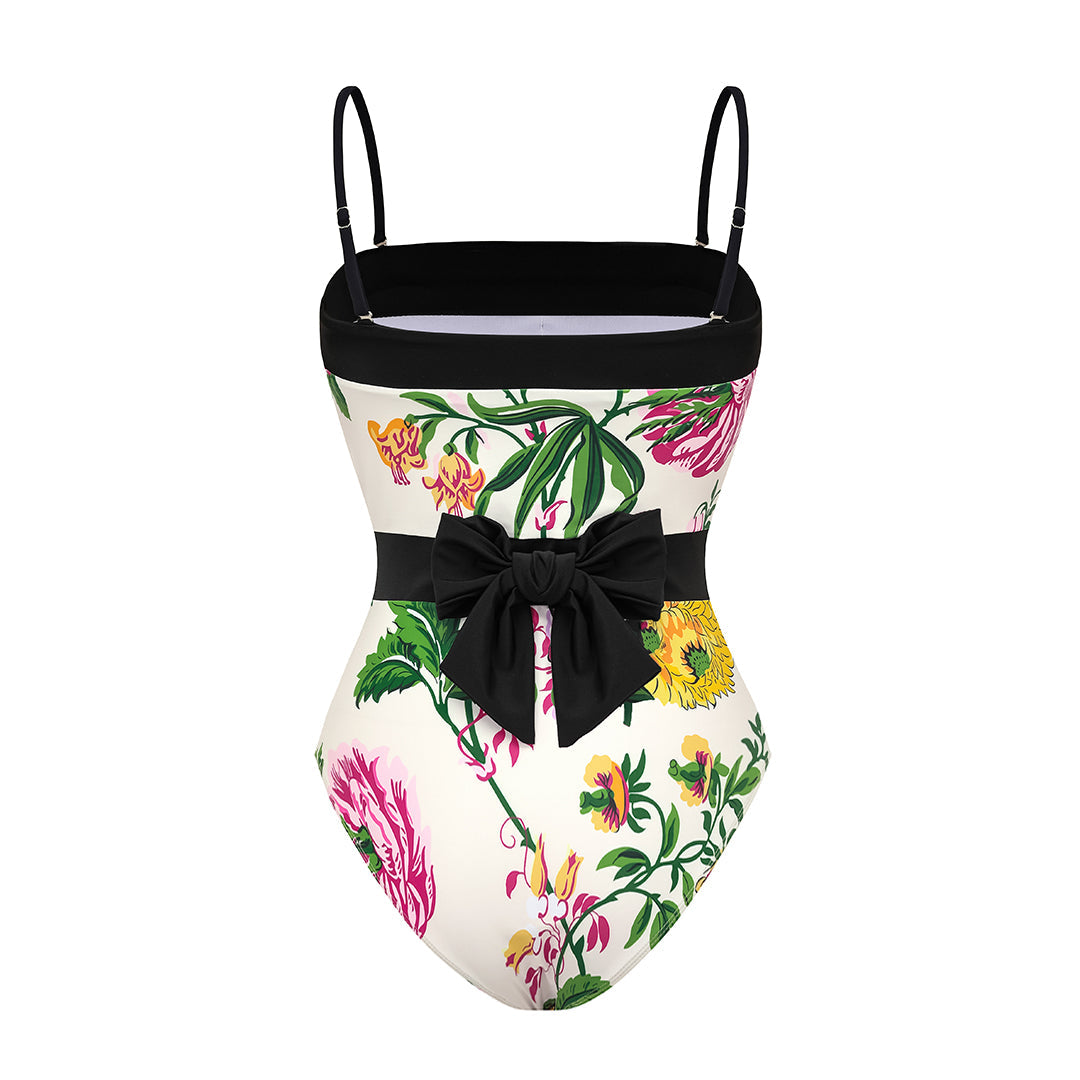 Off Shoulder Back Bow Tie Color Block Printed One Piece Swimsuit and Skirt(Shipped on Sep 25th)