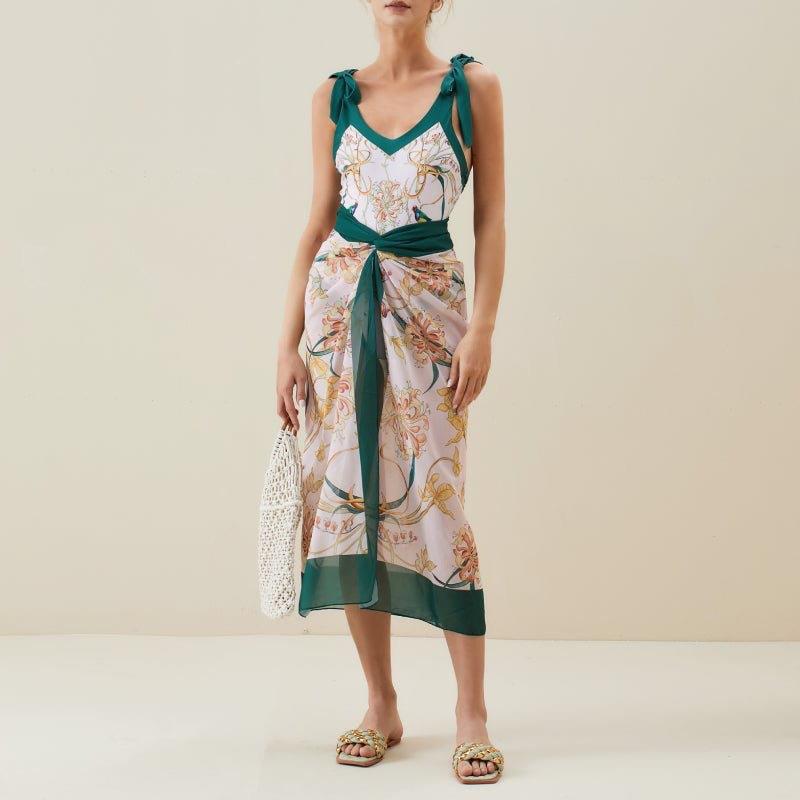 Print One Piece Swimsuit and Splicing Sarong