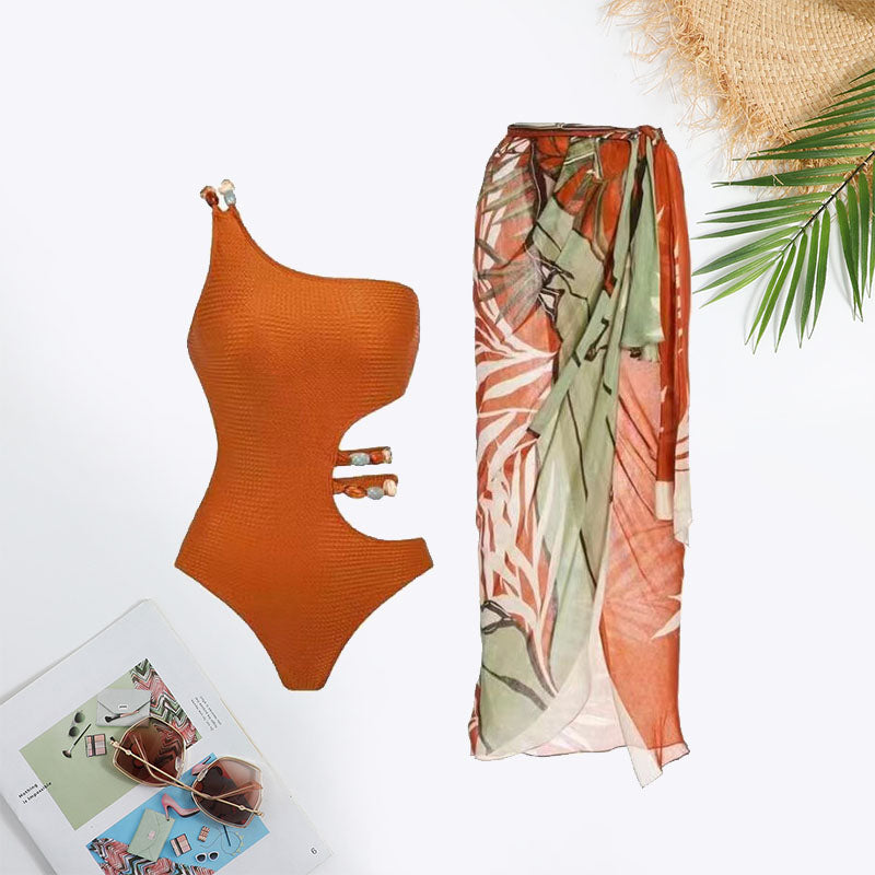 One Shoulder Beaded Detail Cut Out Waist Swimsuit