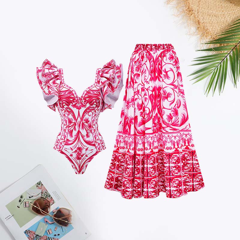 Floral Print Ruffle Trim Swimsuit
