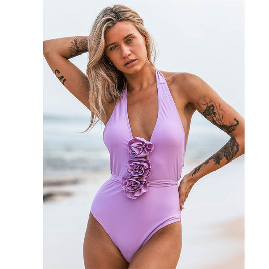 3D Flower V Neck One Piece Swimsuit