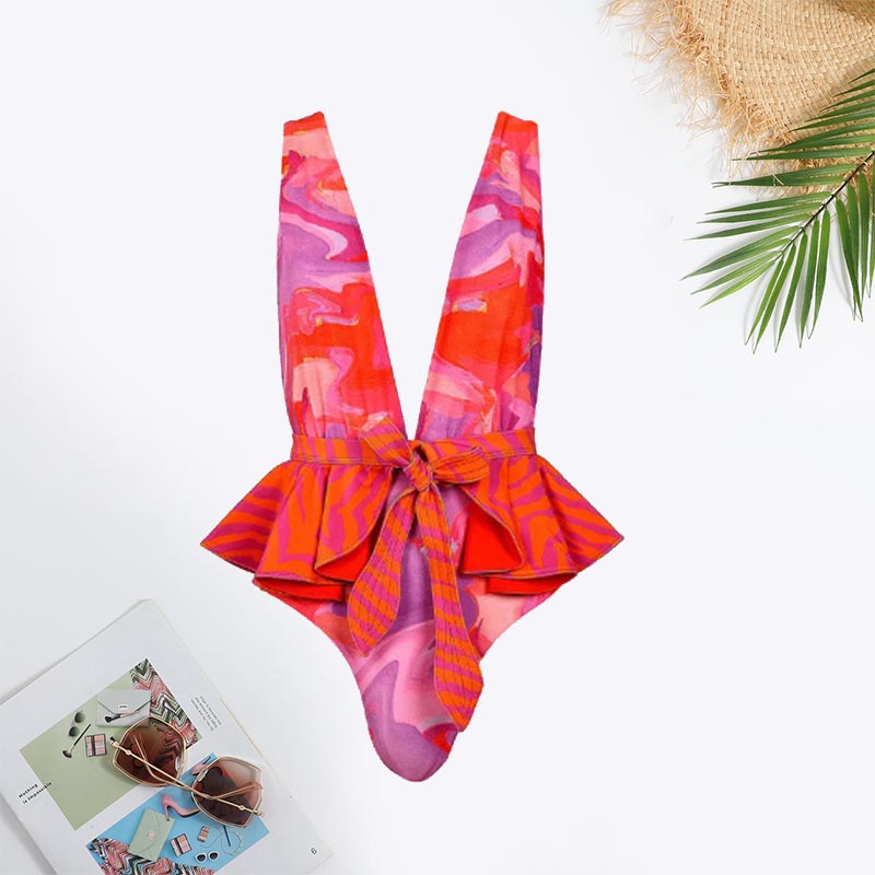 Deep V Neck All Over Print Ruffle Trim Tie Swimsuit