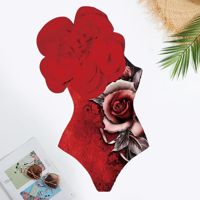 Floral Print Flower Decoration Tie Front Swimsuit