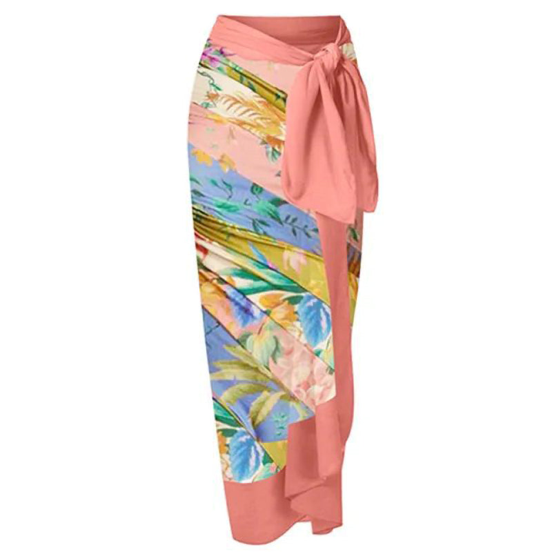 Print One Piece Swimsuit and Splicing Sarong