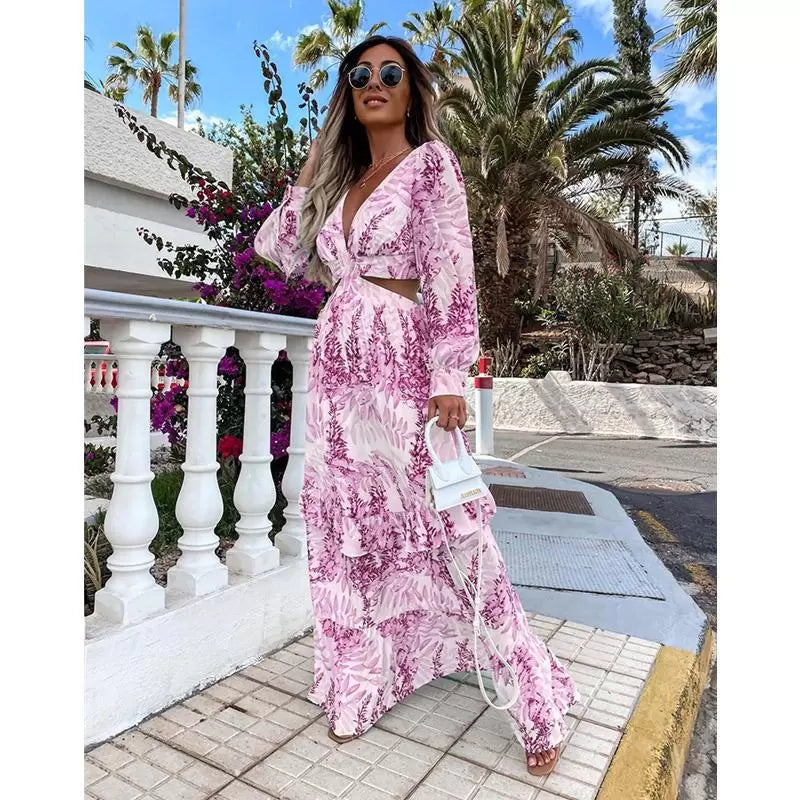 Long Sleeve Cutout Floral Beach Casual Dress