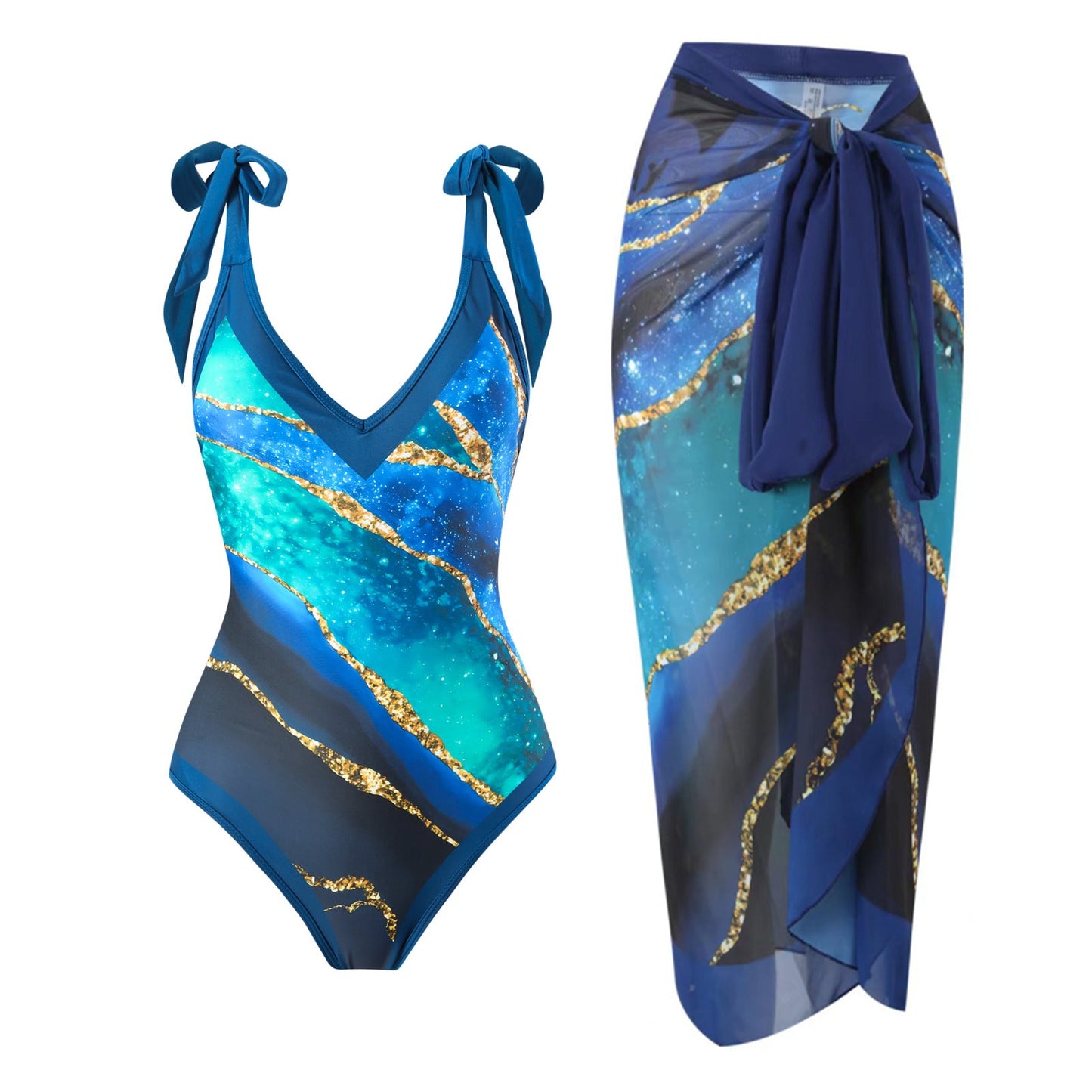 Print One Piece Swimsuit and Splicing Sarong