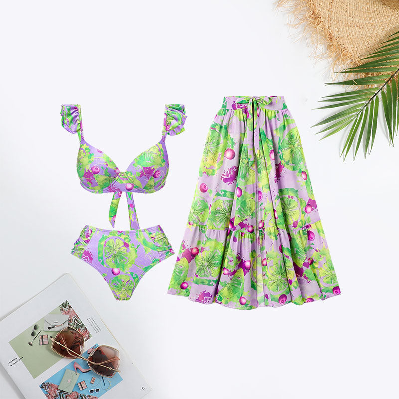 Fruit&Vegetable Print Tie Ruffle Trim Swimsuit