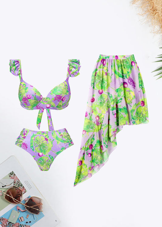 Fruit&Vegetable Print Tie Ruffle Trim Swimsuit