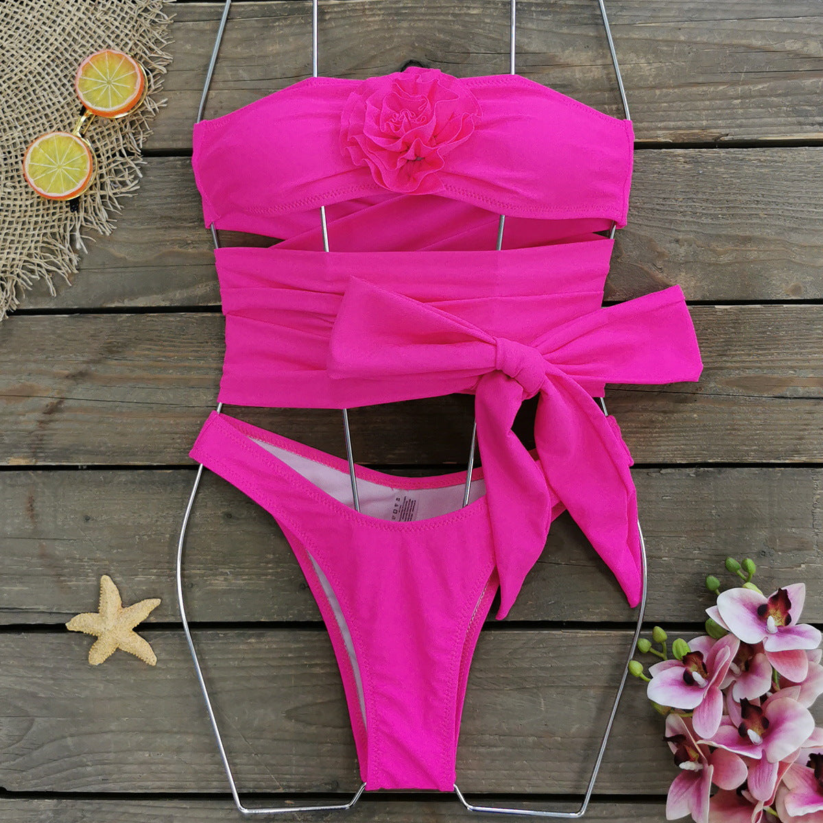3D Flower Sexy Lace Up Bikini Swimsuit
