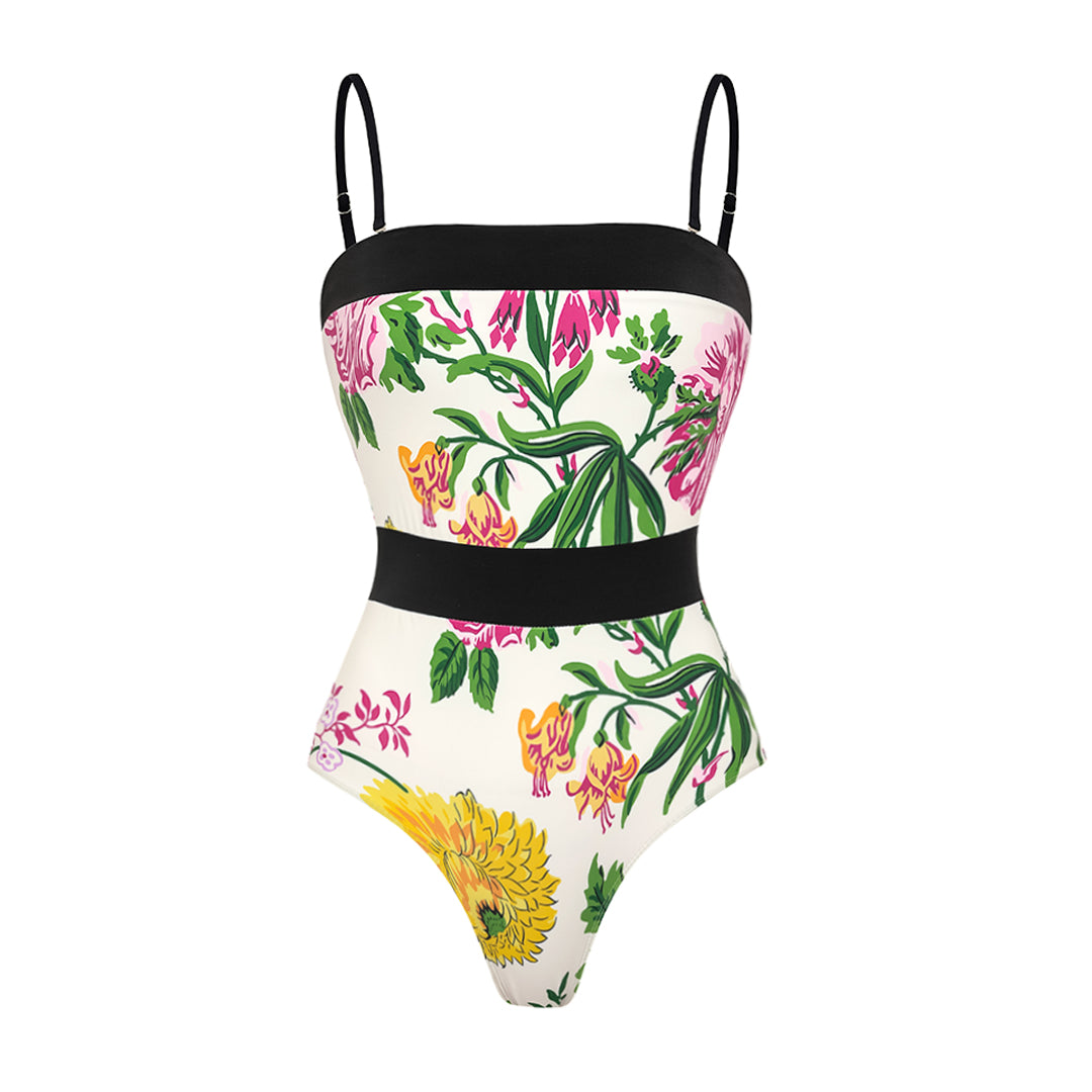 Off Shoulder Back Bow Tie Color Block Printed One Piece Swimsuit and Skirt(Shipped on Sep 25th)