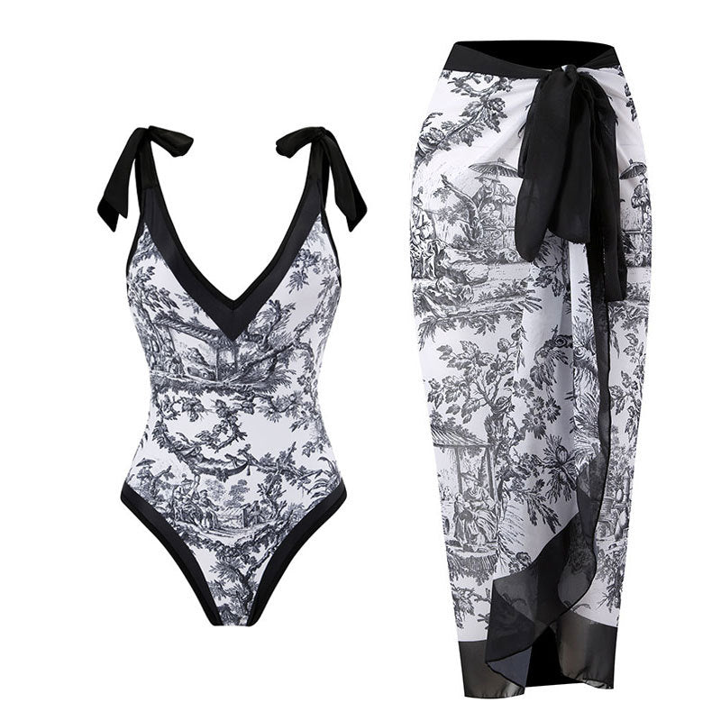 Print One Piece Swimsuit and Splicing Sarong